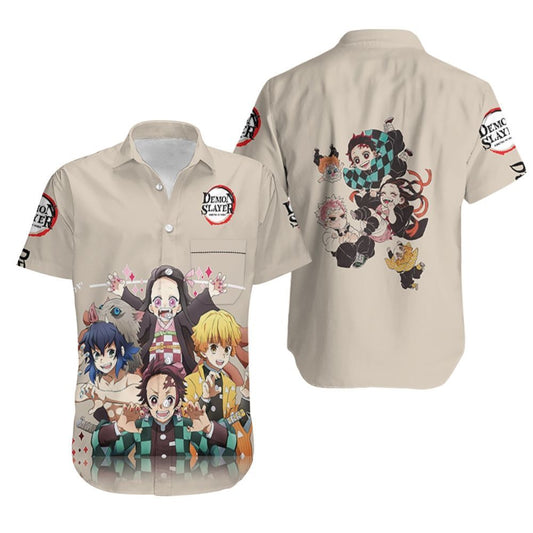  Demon Slayer Hawaii Shirt Tanjiro Nezuko Zenitsu Inosuke Grey Kimetsu No Yaiba Logo Hawaiian Shirt Demon Slayer Aloha Shirt