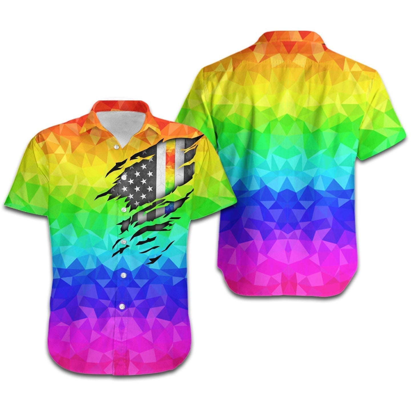  LGBT Pride Hawaiian Shirt Rainbow Polygonal American Flag Inside Hawaii Aloha Shirt