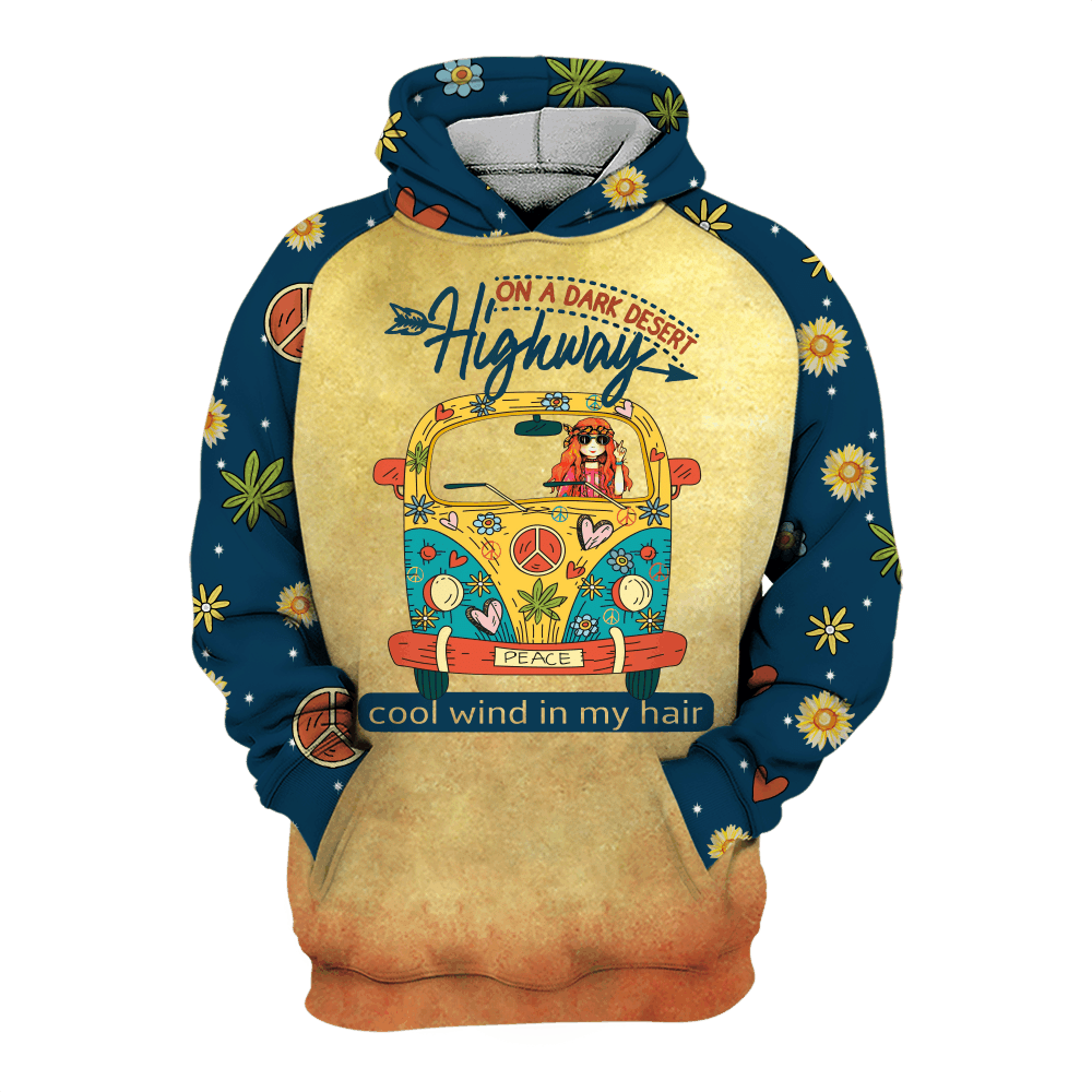 Hippie Hoodie On The Dark Desert Highway Cool Wind In My Hair Get Your Happy On Blue Zip Hoodie Apparel Full Size Full Print