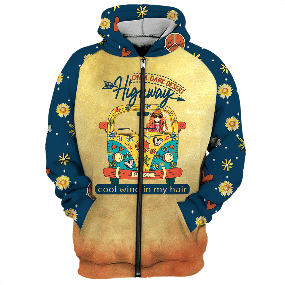 Hippie Hoodie On The Dark Desert Highway Cool Wind In My Hair Get Your Happy On Blue Zip Hoodie Apparel Full Size Full Print
