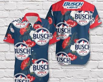  Beer Hawaii Shirt Busch Light Apple Logo Hibiscus Flower Pattern Blue Red