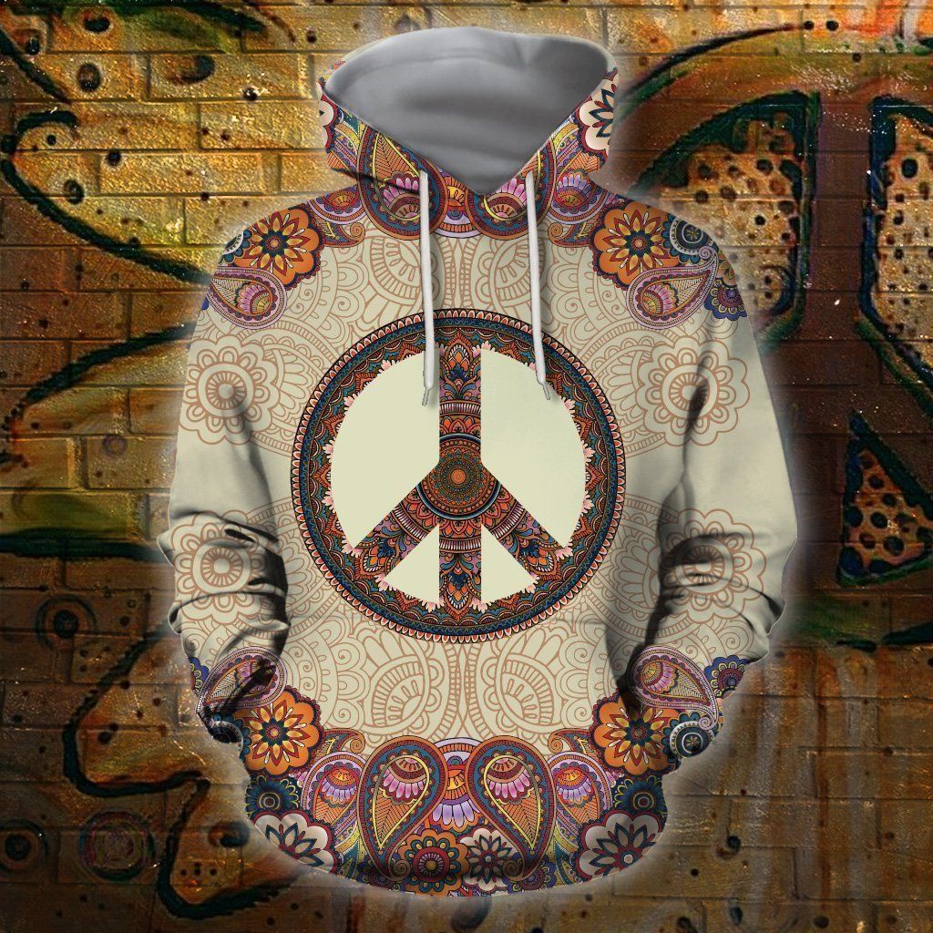 Hippie Apparel Peace Symbol Mandala Flowers Brown Grey Hoodie Adult Unisex Full Print