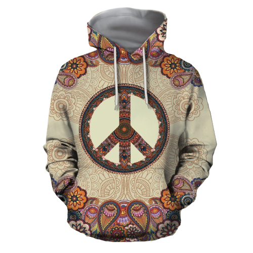 Hippie Apparel Peace Symbol Mandala Flowers Brown Grey Hoodie Adult Unisex Full Print