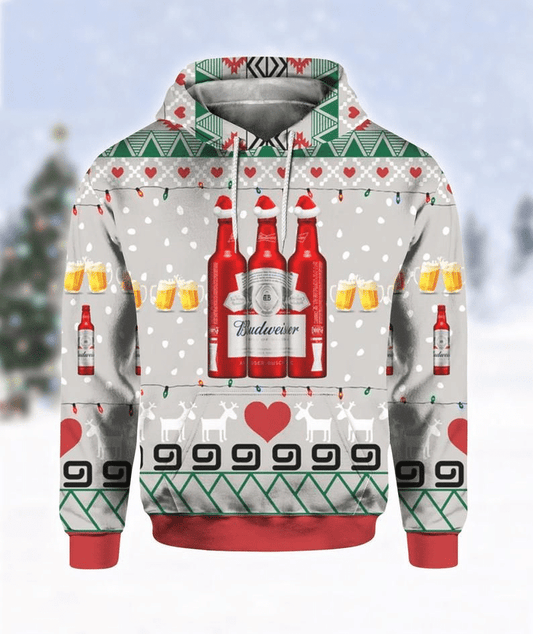 Beer Hoodie Christmas Budweiser Red Beer Bottle Grey Hoodie Beer Lover Apparel Men Women