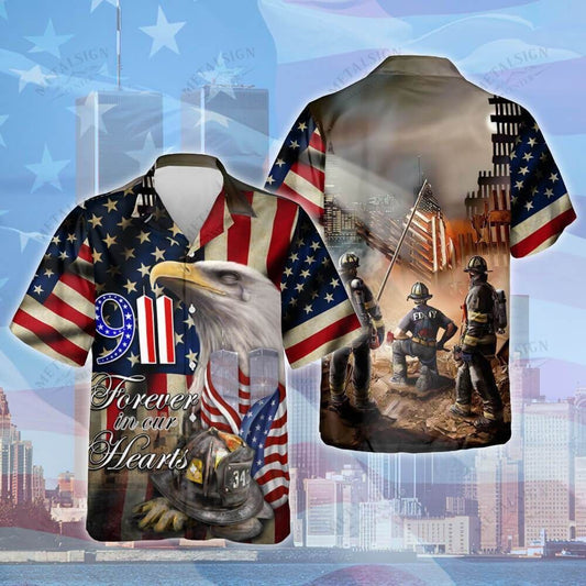 Gifury Patriot Day Hawaiian Shirt 09-11 Forever In Our Hearts Firefighters Eagle American Flag Hawaii Aloha Shirt September 11th Hawaii Shirt Patriot Day Apparel 2022