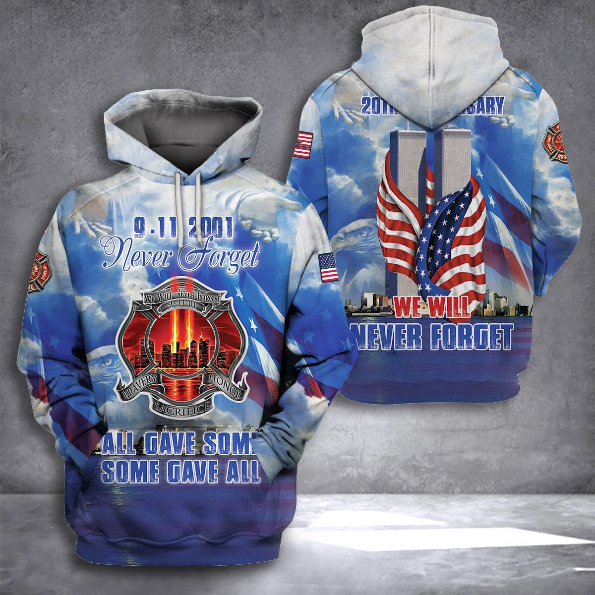 Gifury Patriot Day Hoodie September 11th Hoodie 9-11-2001 Never Forget 20 Years Anniversary Blue Sky American Flag Hoodie Patriot Day Apparel 2022