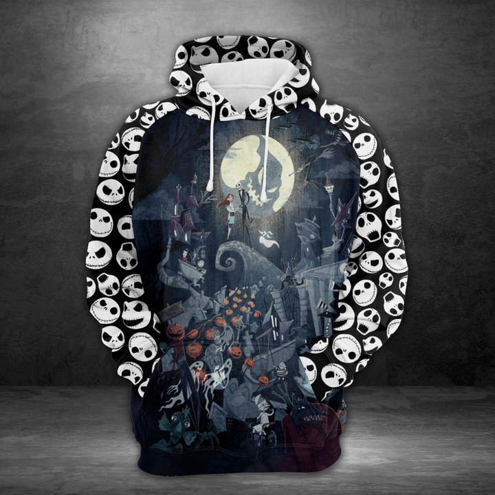 TNBC Hoodie Jack And Sally Spooky Night Jack Skellington Face Pattern Black White Hoodie