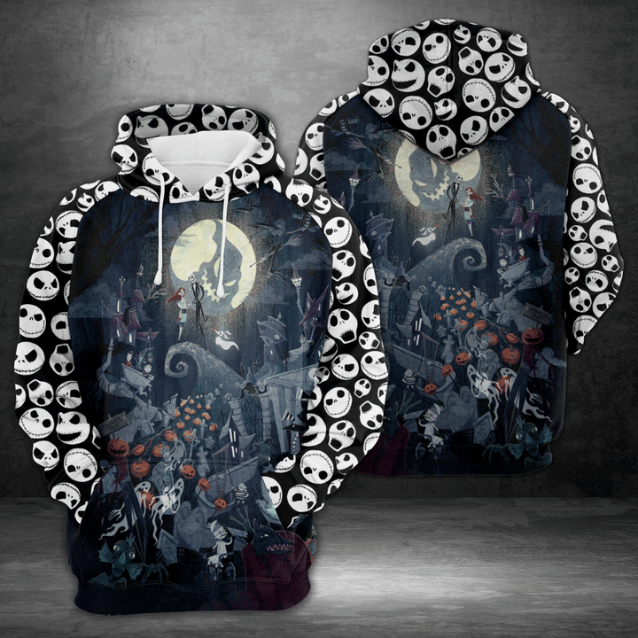 TNBC Hoodie Jack And Sally Spooky Night Jack Skellington Face Pattern Black White Hoodie