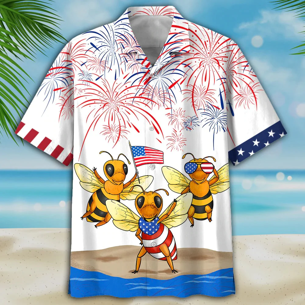 Bee Hawaiian Full Print Shirt, Bee's Hawaiian Shirt Independence Day, Funny 4Th Of July Gifts