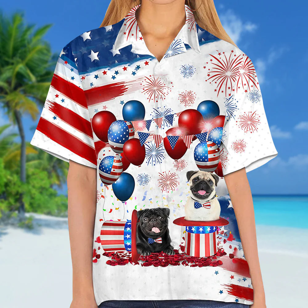 Pug Independence Day Hawaiian Shirt, Dog Hawaii Beach Shirt Short Sleeve For 4Th Of July