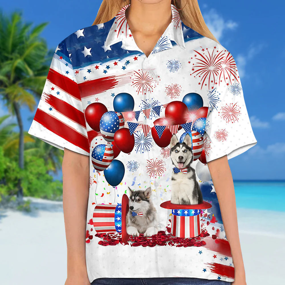Siberian Husky Independence Day Hawaiian Shirt, Dog Hawaii Beach Shirt Short Sleeve For 4Th Of July