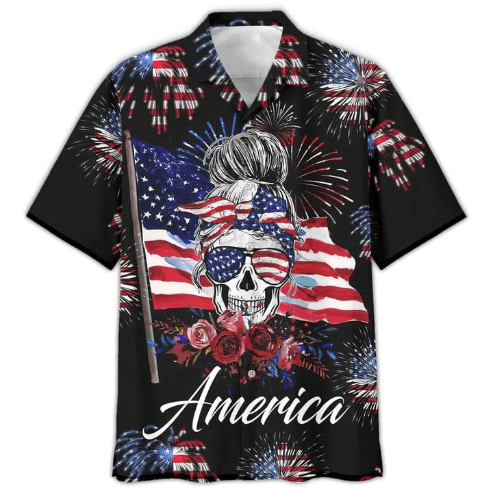 Happy Independence Day United States All Over Printed 3D Shirts, Mom Skull Flag USA Hawaiian Shirt