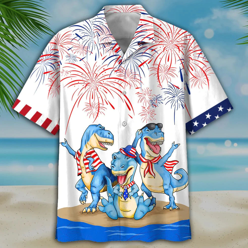 Dinosaur Hawaiian Shirt, Dinosaurus Independence'S Day 3D Full Print Hawaii Shirts For Men And Woman