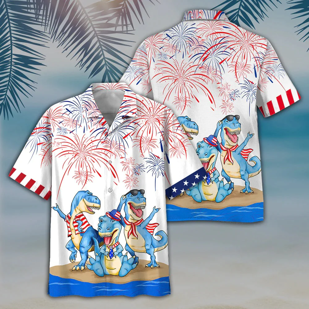 Dinosaur Hawaiian Shirt, Dinosaurus Independence'S Day 3D Full Print Hawaii Shirts For Men And Woman
