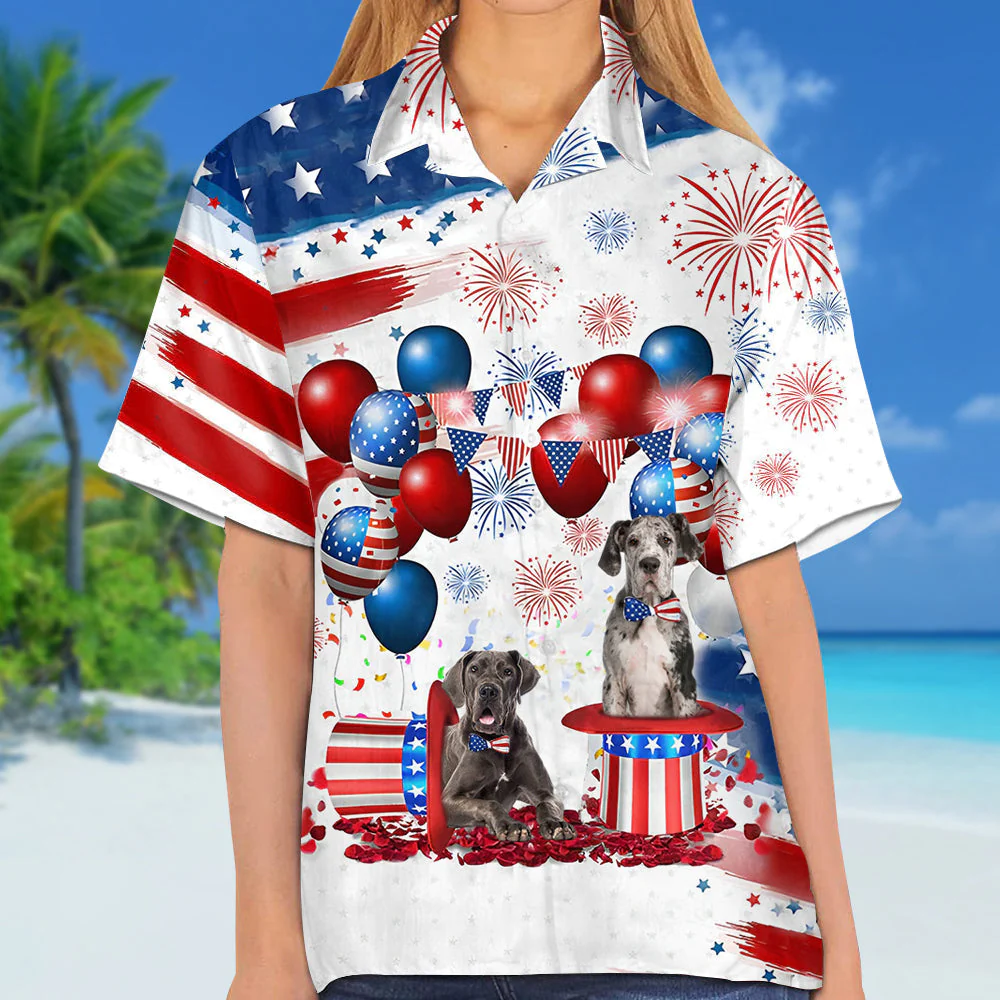 Great Dane Independence Day Hawaiian Shirt, Dog Hawaii Beach Shirt Short Sleeve For 4Th Of July