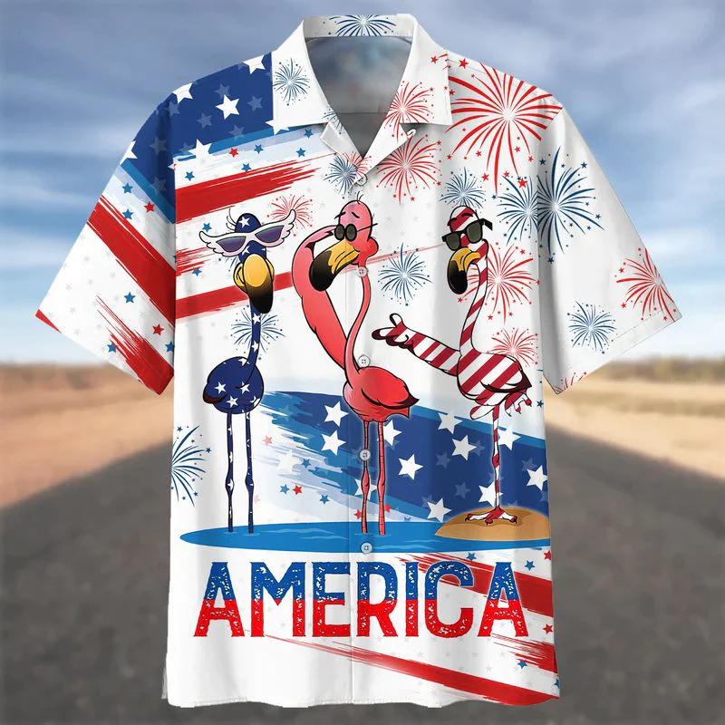 Happy Independence Day Flamingo All Printed 3D Hawaiian Shirt, 4th 7 Flamingo Hawaii Shirt