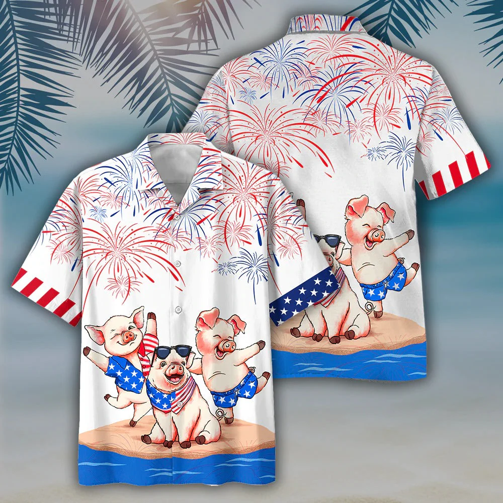 Pig's 3D Full Print Hawaiian Shirts, Independence Day Is Coming, Happy 4Th Of July Pig Aloha Beach Shirt