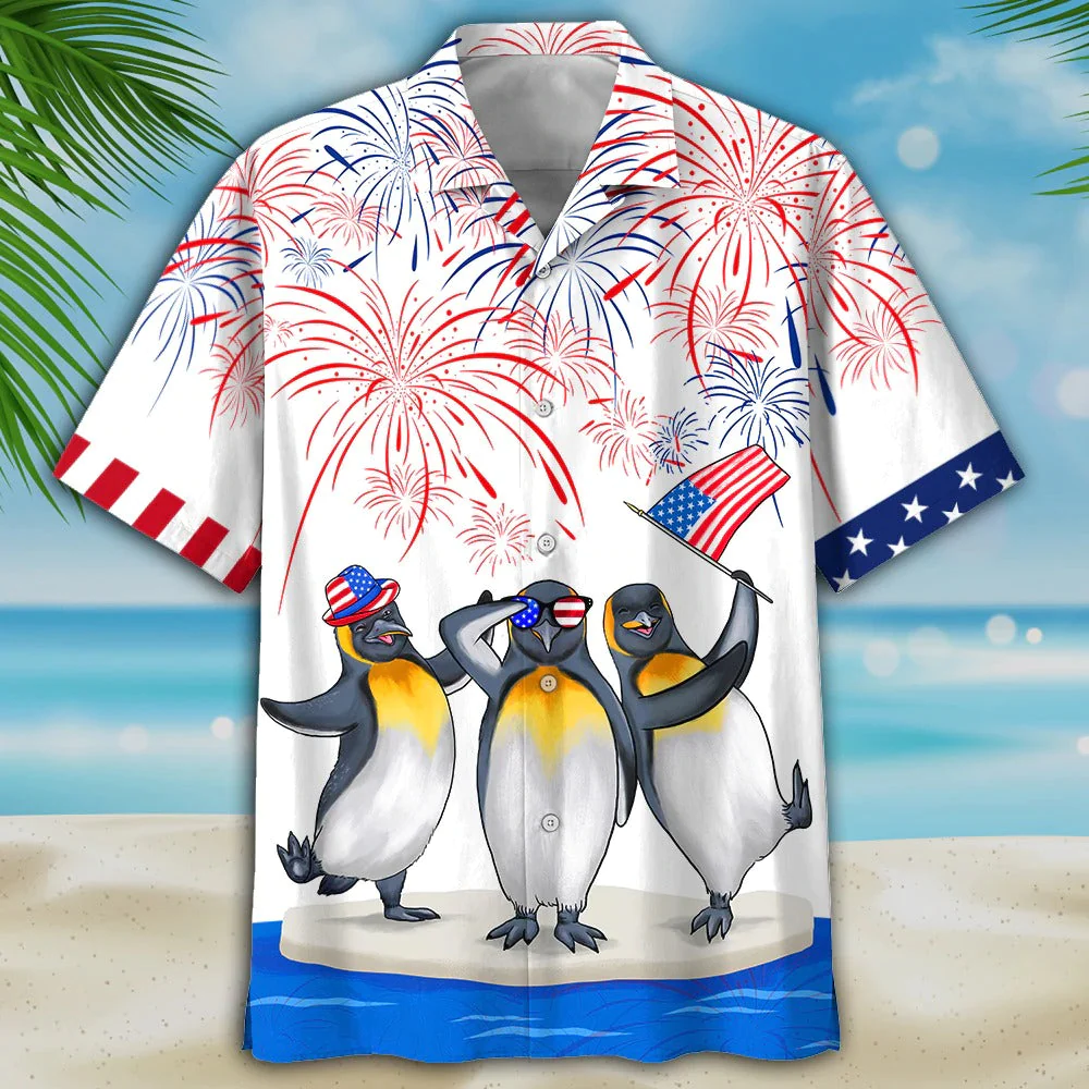 Funny Hawaiian Shirt 4Th Of July, Penguins Hawaiian Shirt Independence Day, Penguin Lover Gifts