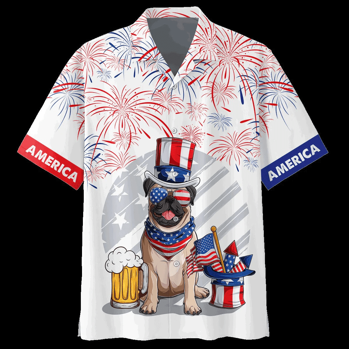 3D Full Print Independence's Day Hawaiian Shirt, Pug And Beer Hawaii Summer Beach Shirt, 4Th Of Jul Hawaii Dog Shirt