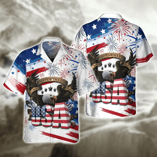 Happy Independence's Day Usa Eagle 3D Hawaiian Shirts, Fourth Of Jul Aloha Hawaii Beach Shirt Short Sleeve