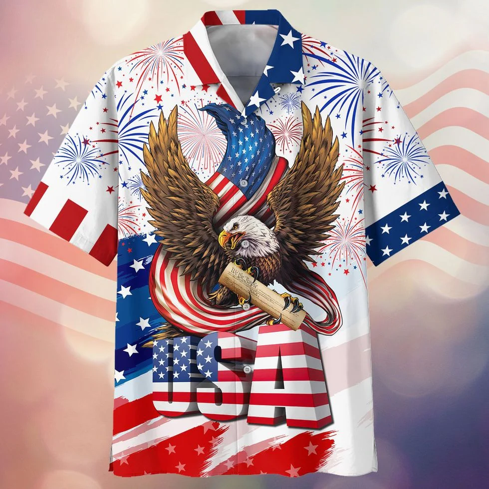 Happy Independence's Day Usa Eagle 3D Hawaiian Shirts, Fourth Of Jul Aloha Hawaii Beach Shirt Short Sleeve