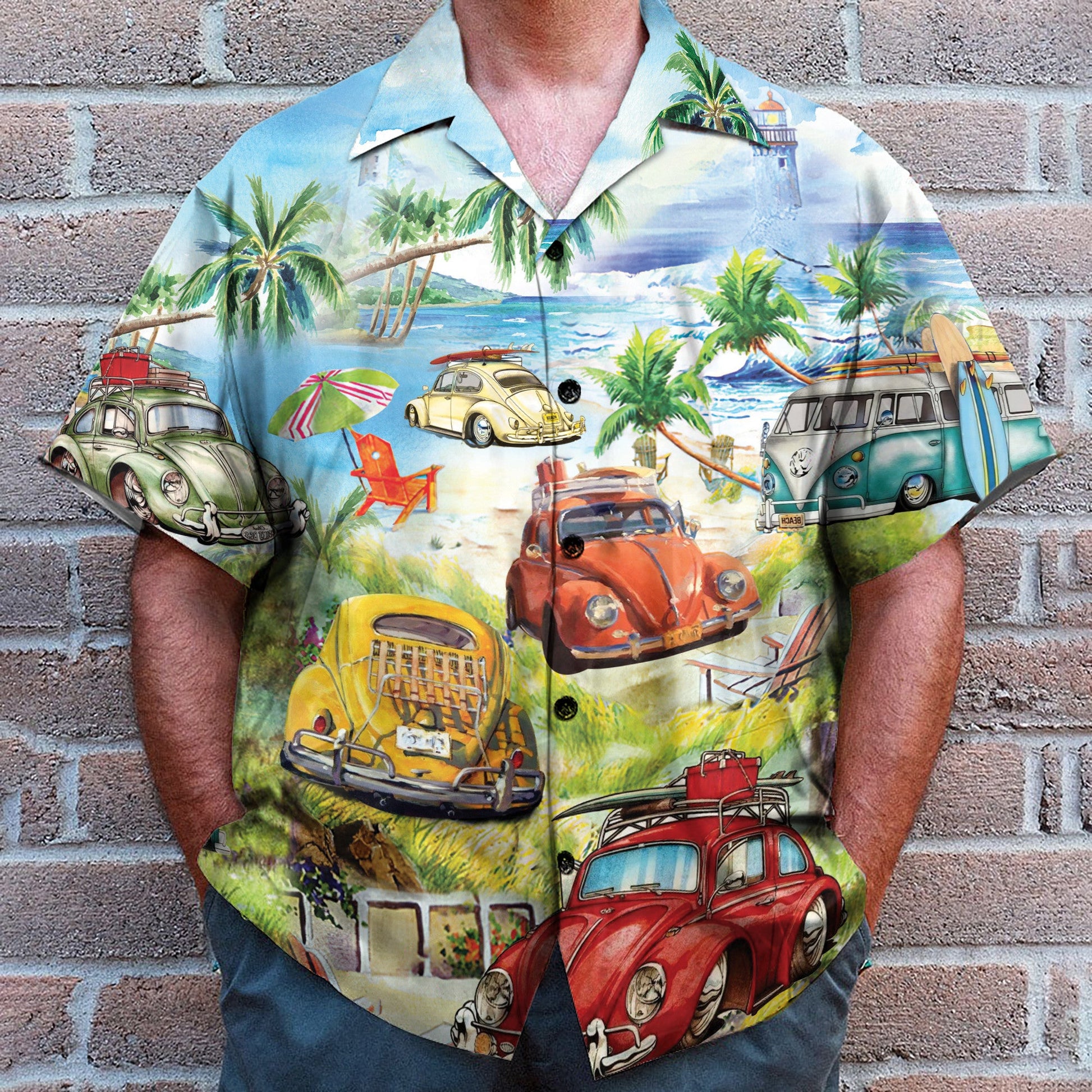 Surf Car On The Beach Men's Button's Up Shirts - Hawaiian Shirt