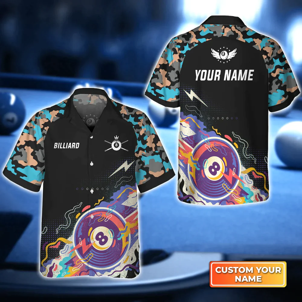 Pool 8 Ball Black Blue Watercolor 3D Hawaiian Shirt For Billiard Player, Billiard team shirt, Billiard player