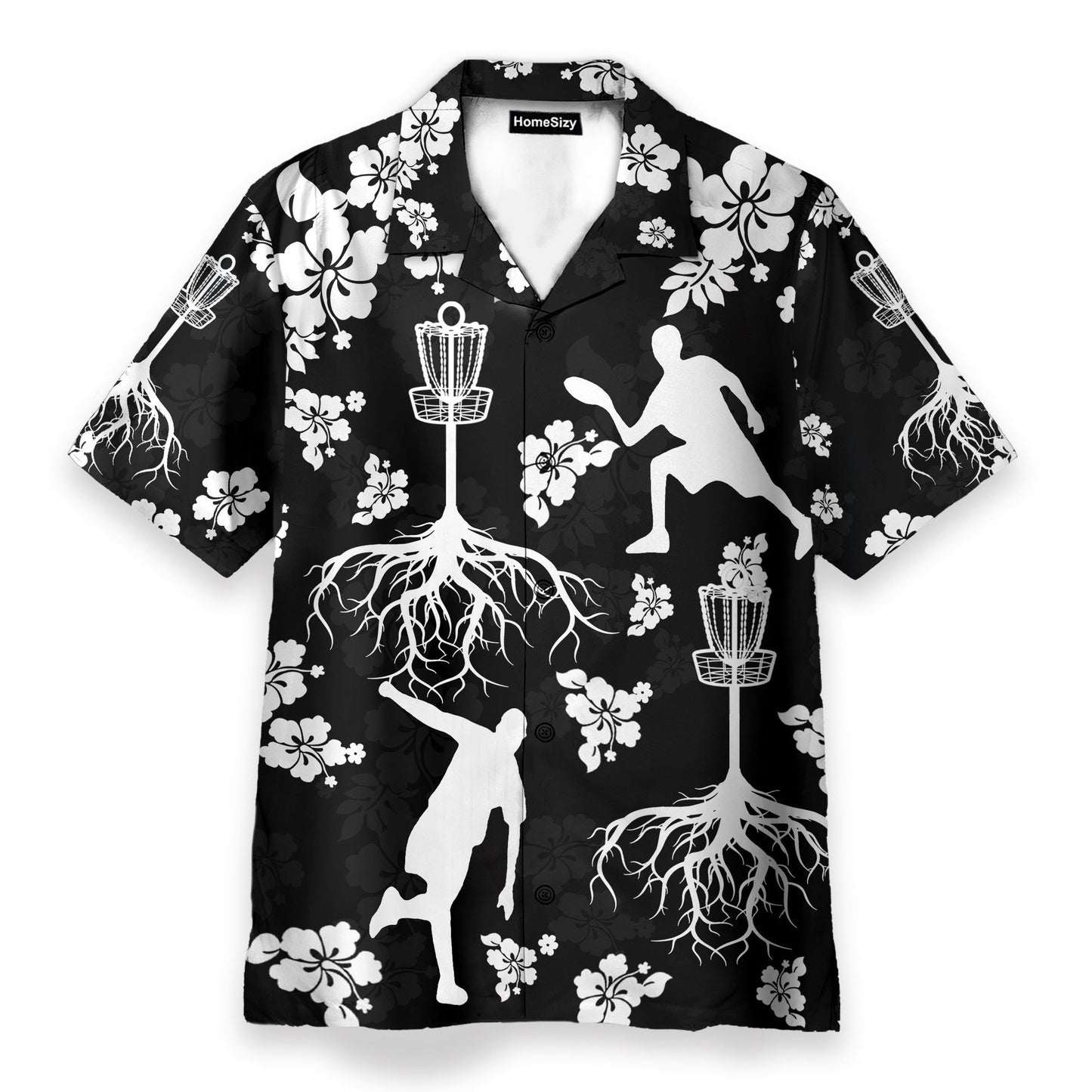 Black And White Disc Golf And Tree Hibiscus Pattern - Hawaiian Shirt