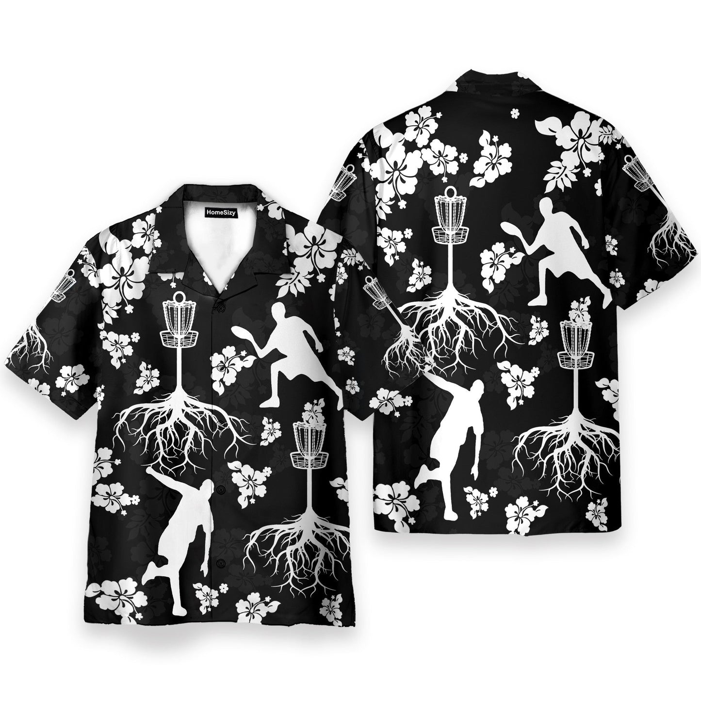 Black And White Disc Golf And Tree Hibiscus Pattern - Hawaiian Shirt