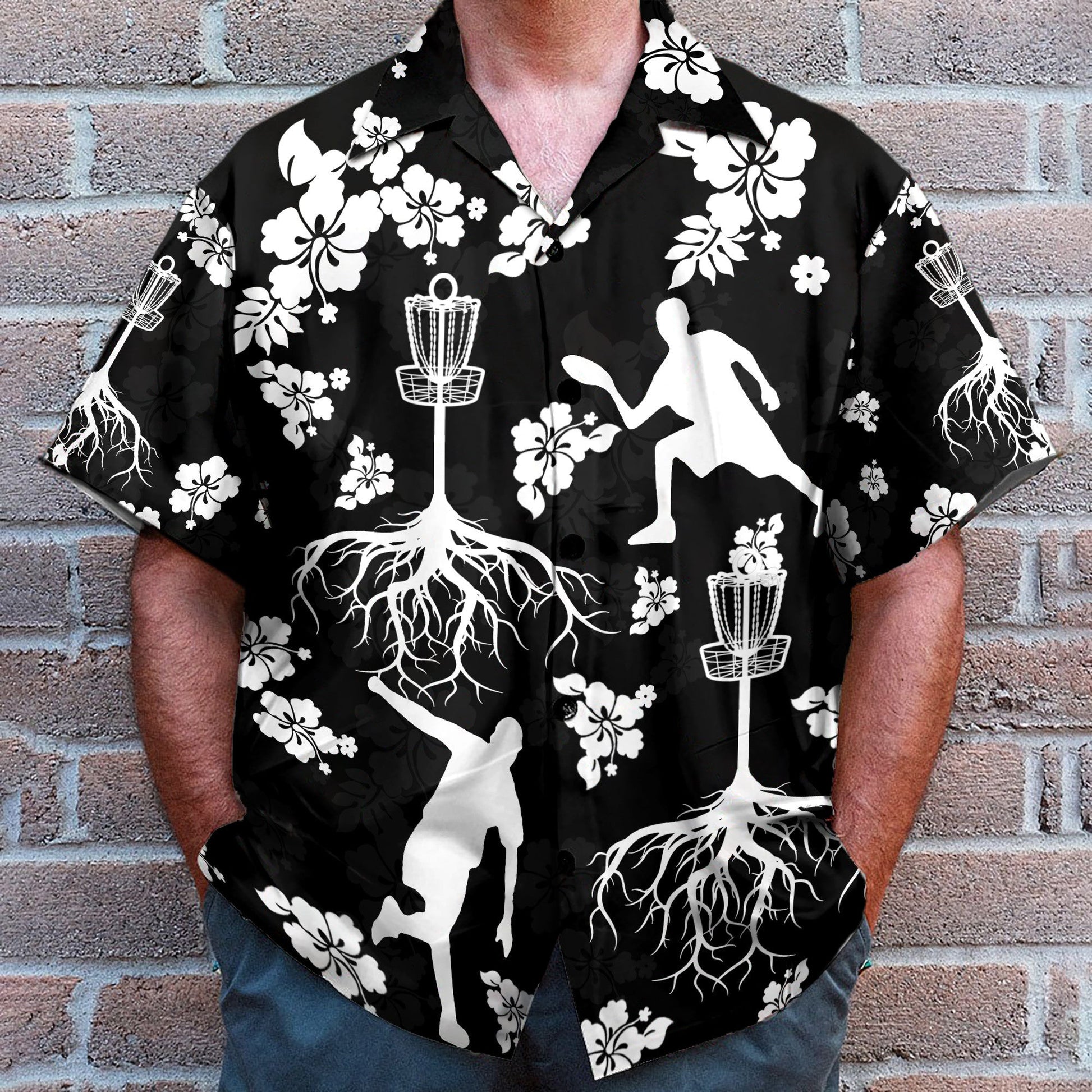 Black And White Disc Golf And Tree Hibiscus Pattern - Hawaiian Shirt