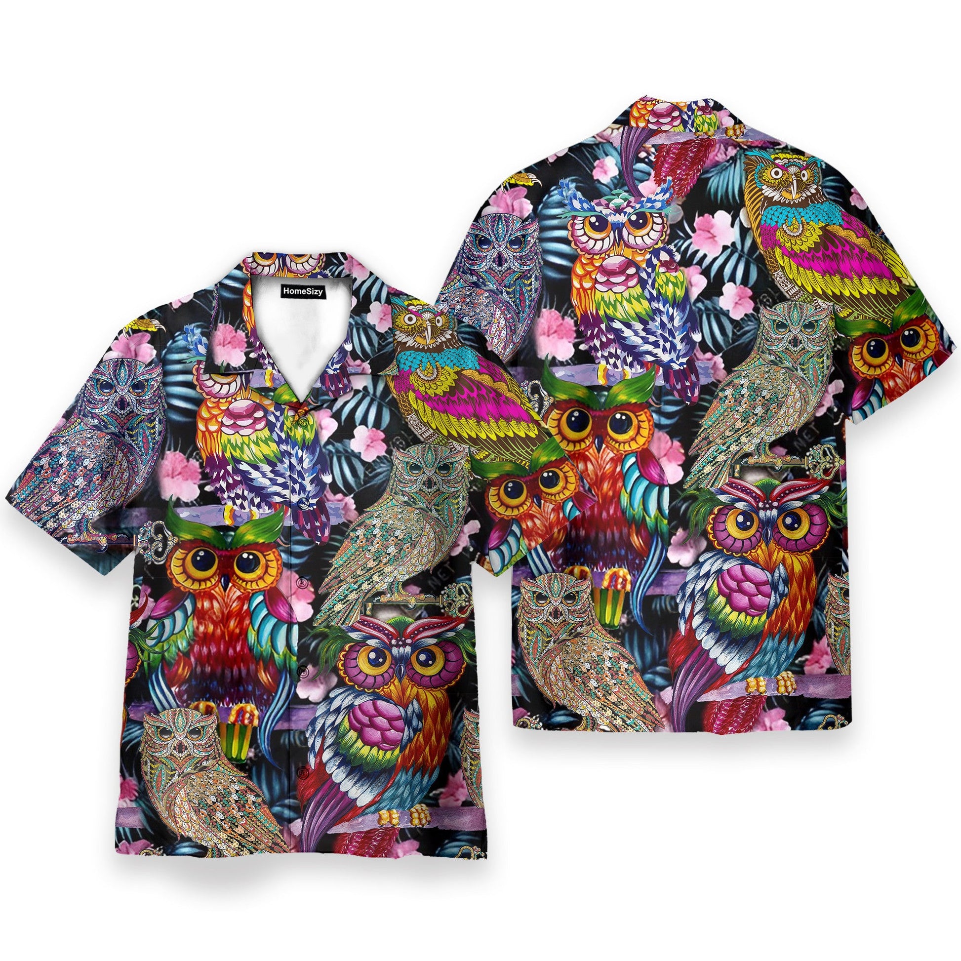 Tropical Colorful Owl Men's Button's Up Shirts - Hawaiian Shirt