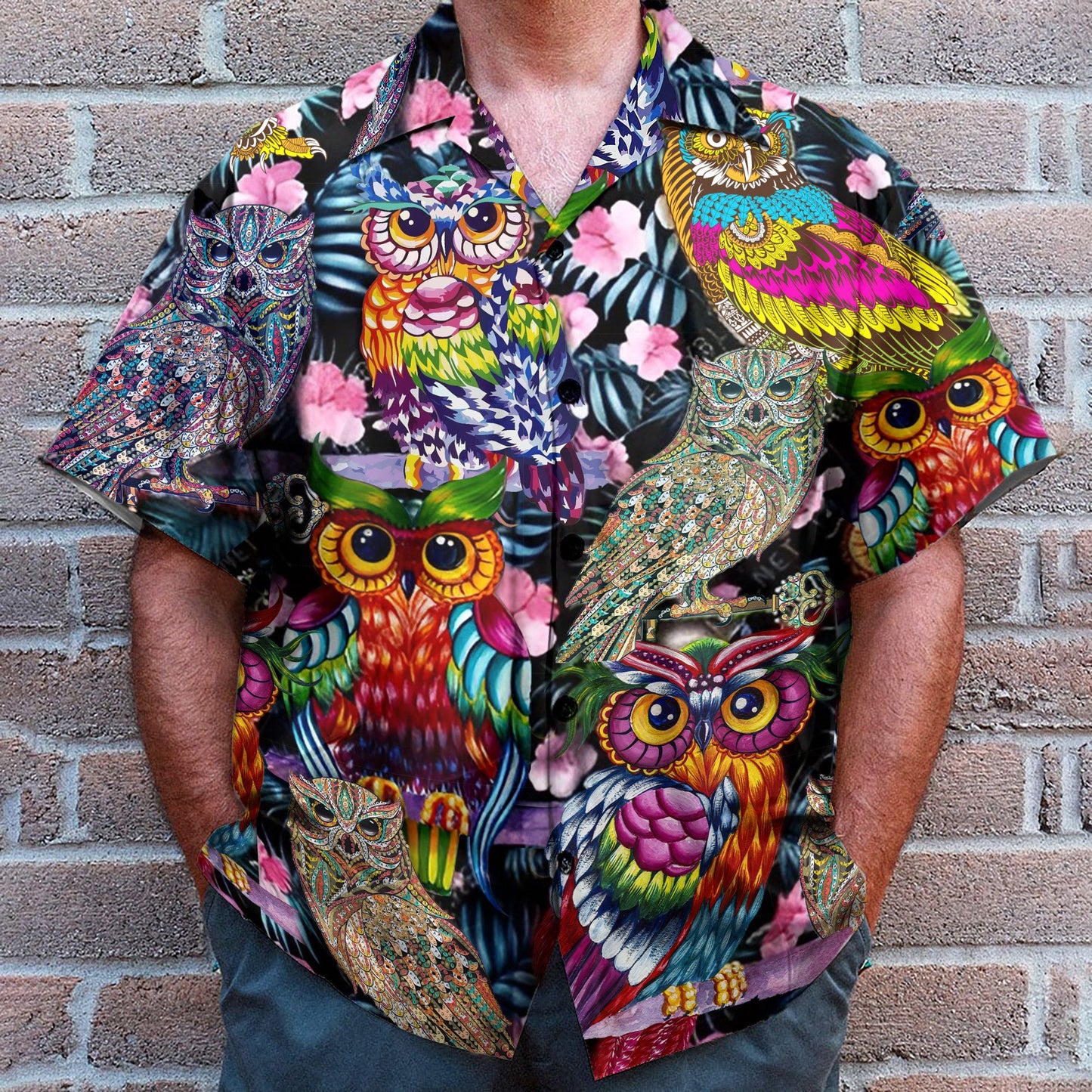 Tropical Colorful Owl Men's Button's Up Shirts - Hawaiian Shirt