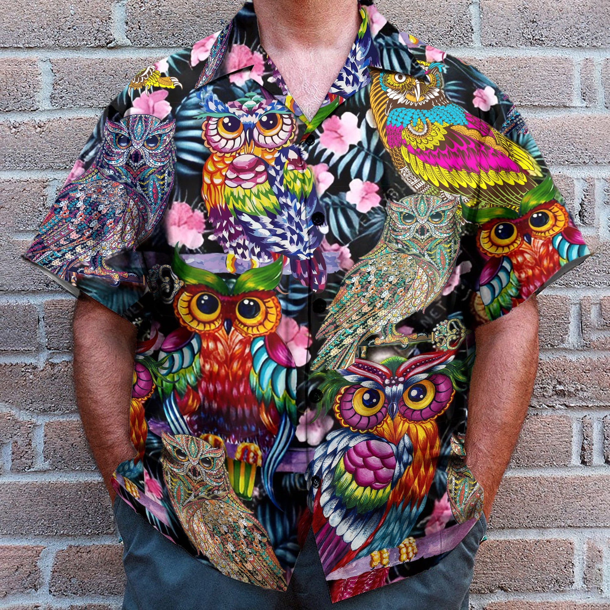 Tropical Colorful Owl Men's Button's Up Shirts - Hawaiian Shirt