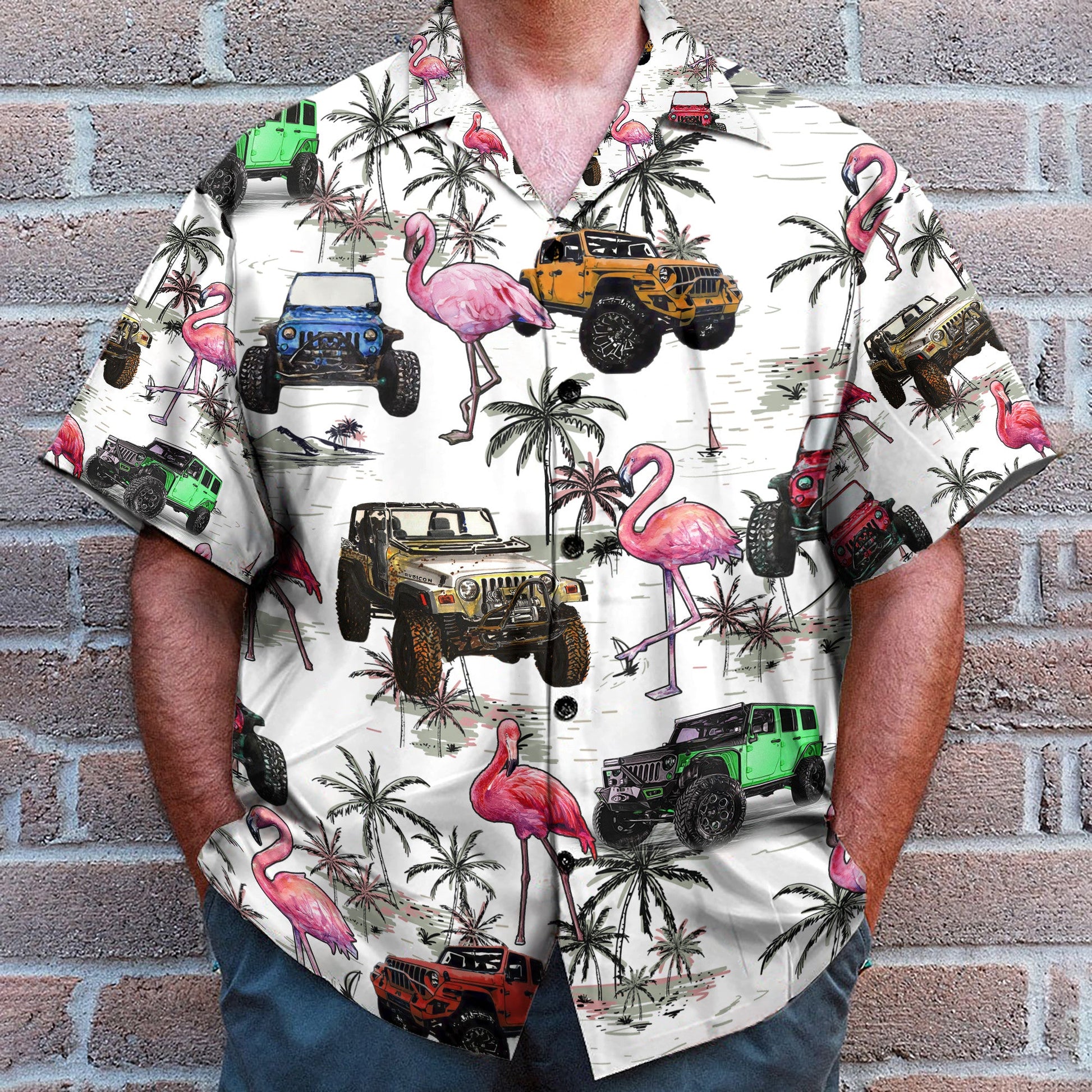 Colorful Jeep Cars And Flamingo - Hawaiian Shirt