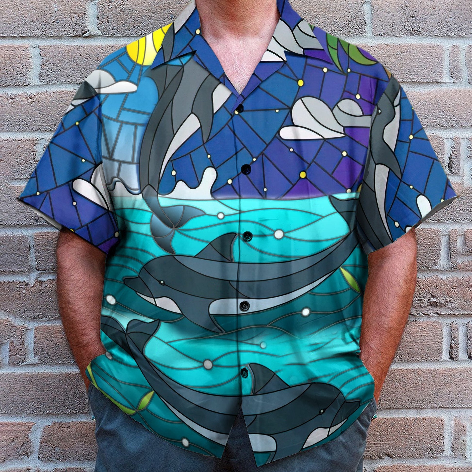 Dolphin Stained Glass Style - Hawaiian Shirt & Beach Shorts
