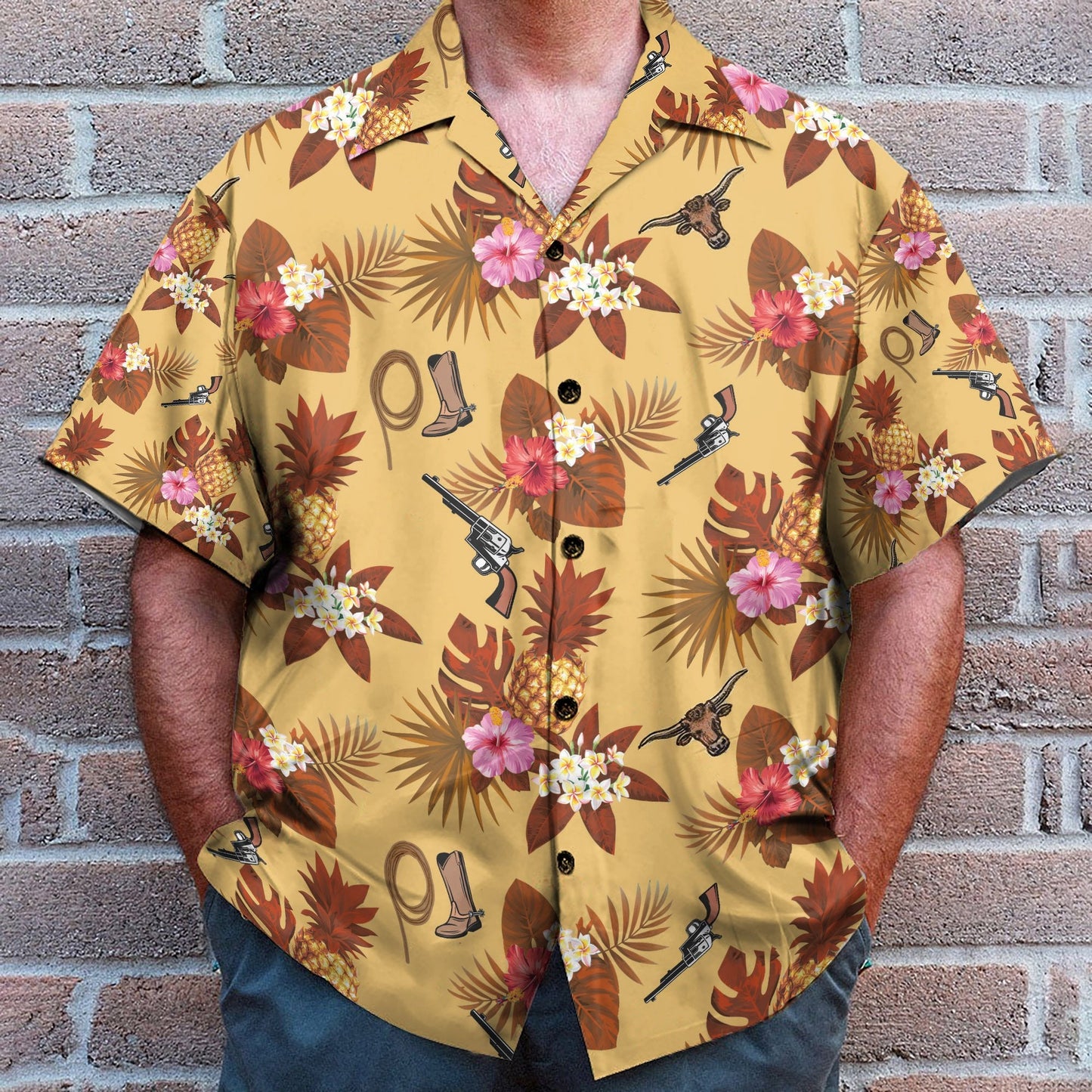 Cowboy Guns, Ropes, Boots Men's Button's Up Shirts - Hawaiian Shirt & Beach Shorts