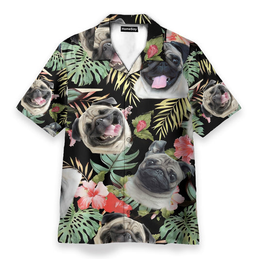Cute Pug In Tropical Green Leaves - Hawaiian Shirt