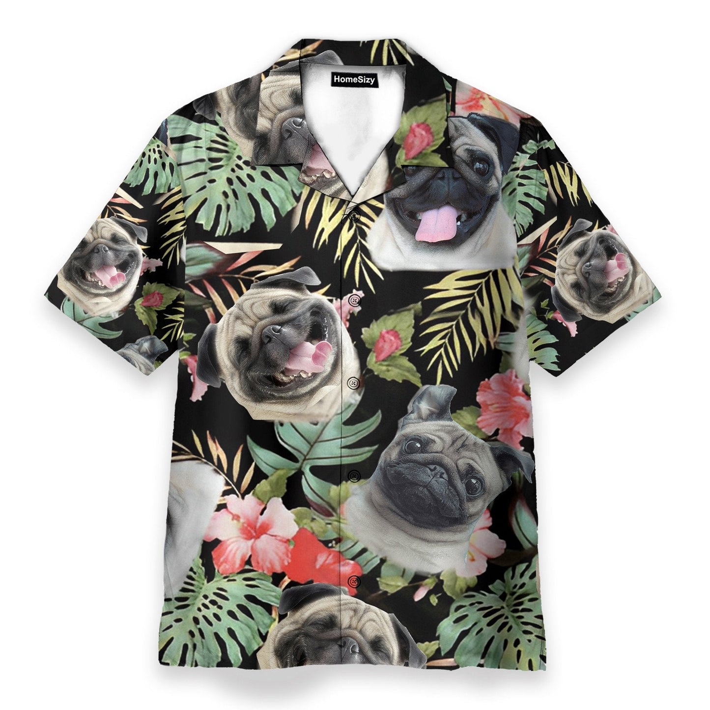 Cute Pug In Tropical Green Leaves - Hawaiian Shirt
