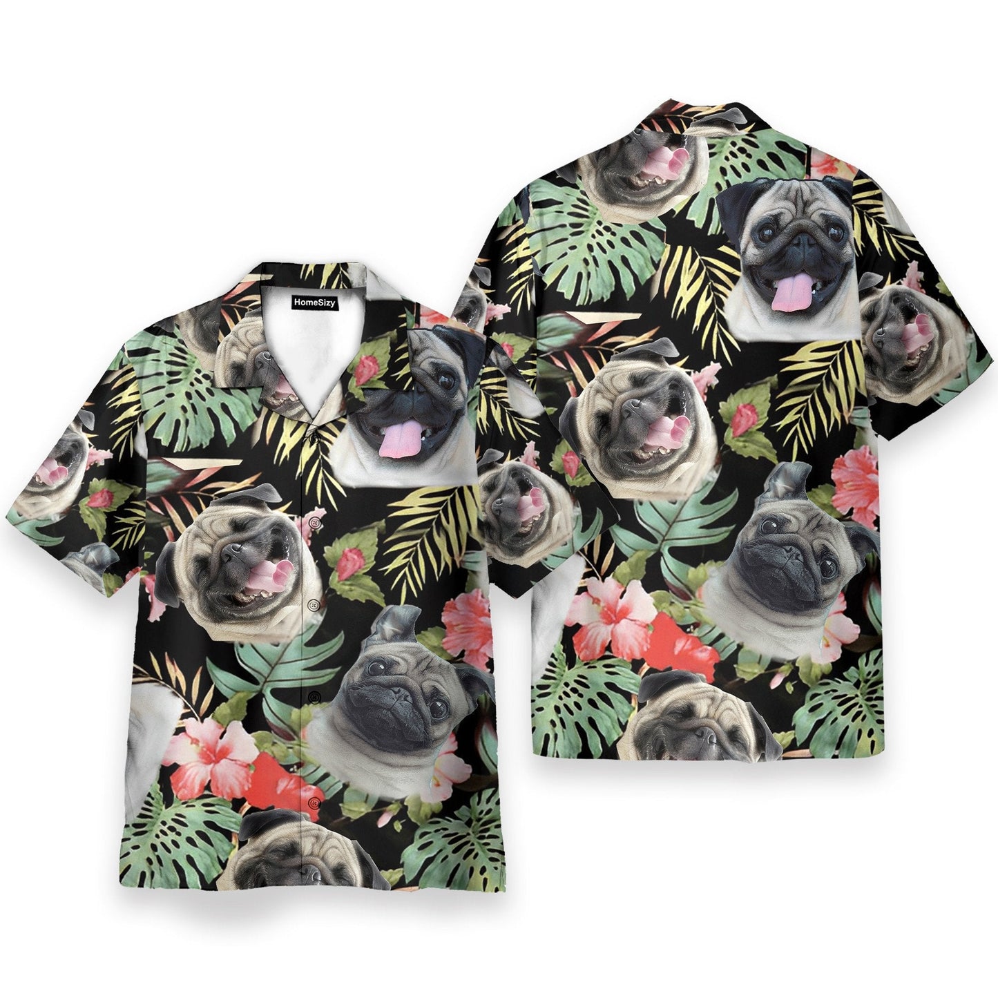 Cute Pug In Tropical Green Leaves - Hawaiian Shirt