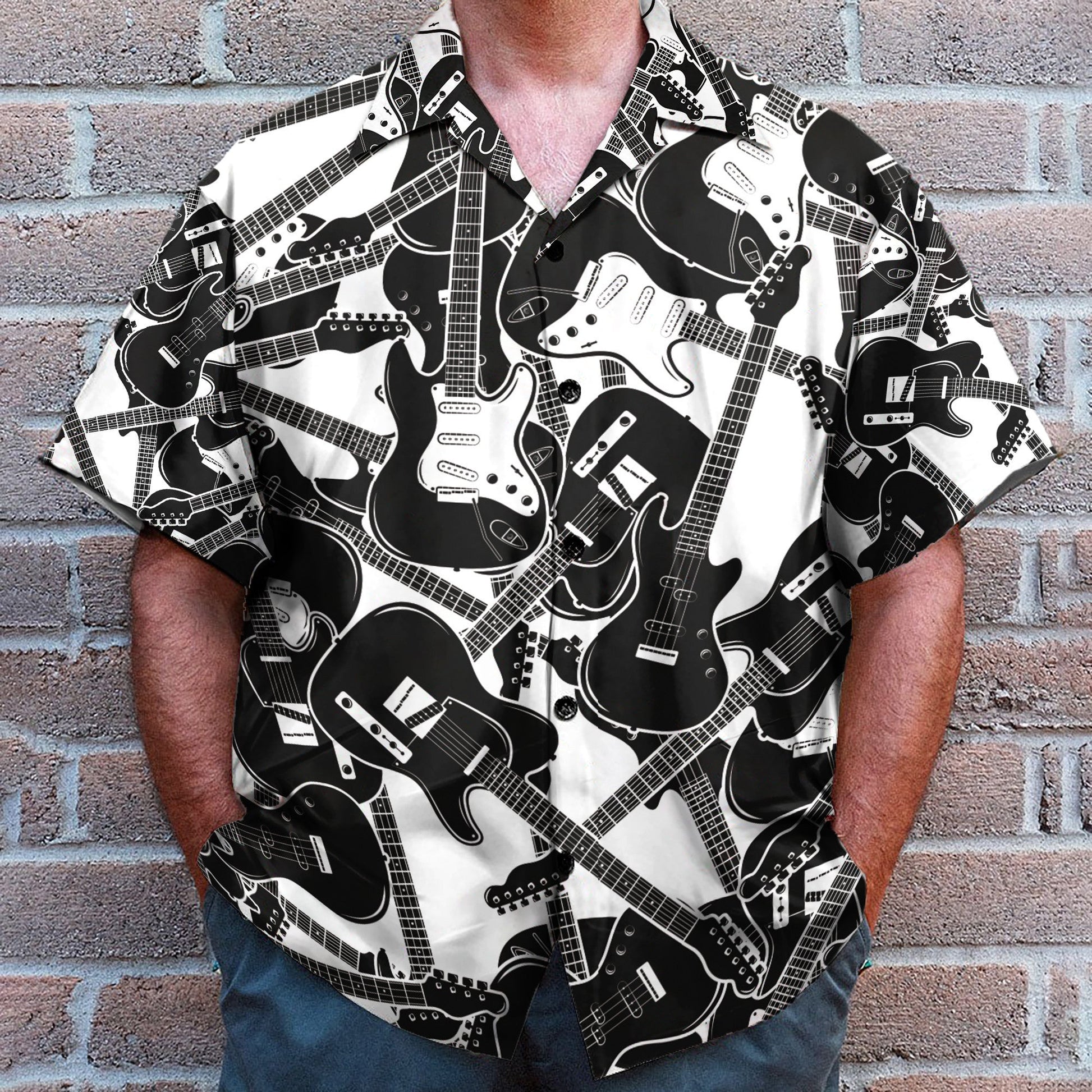 Black And White Electric Guitar - Hawaiian Shirt & Beach Shorts