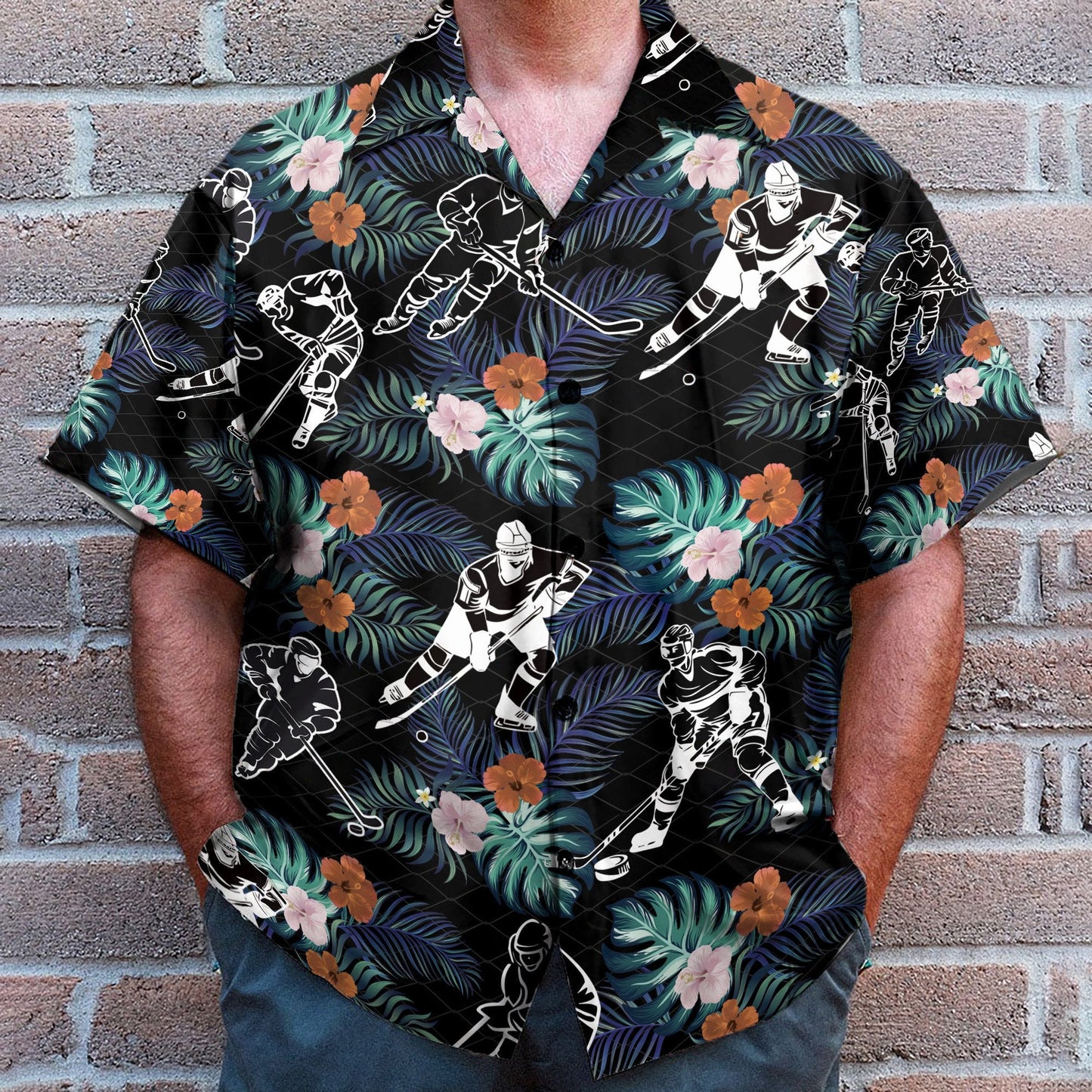Hockey In Tropical Green Leaves - Hawaiian Shirt & Beach Shorts