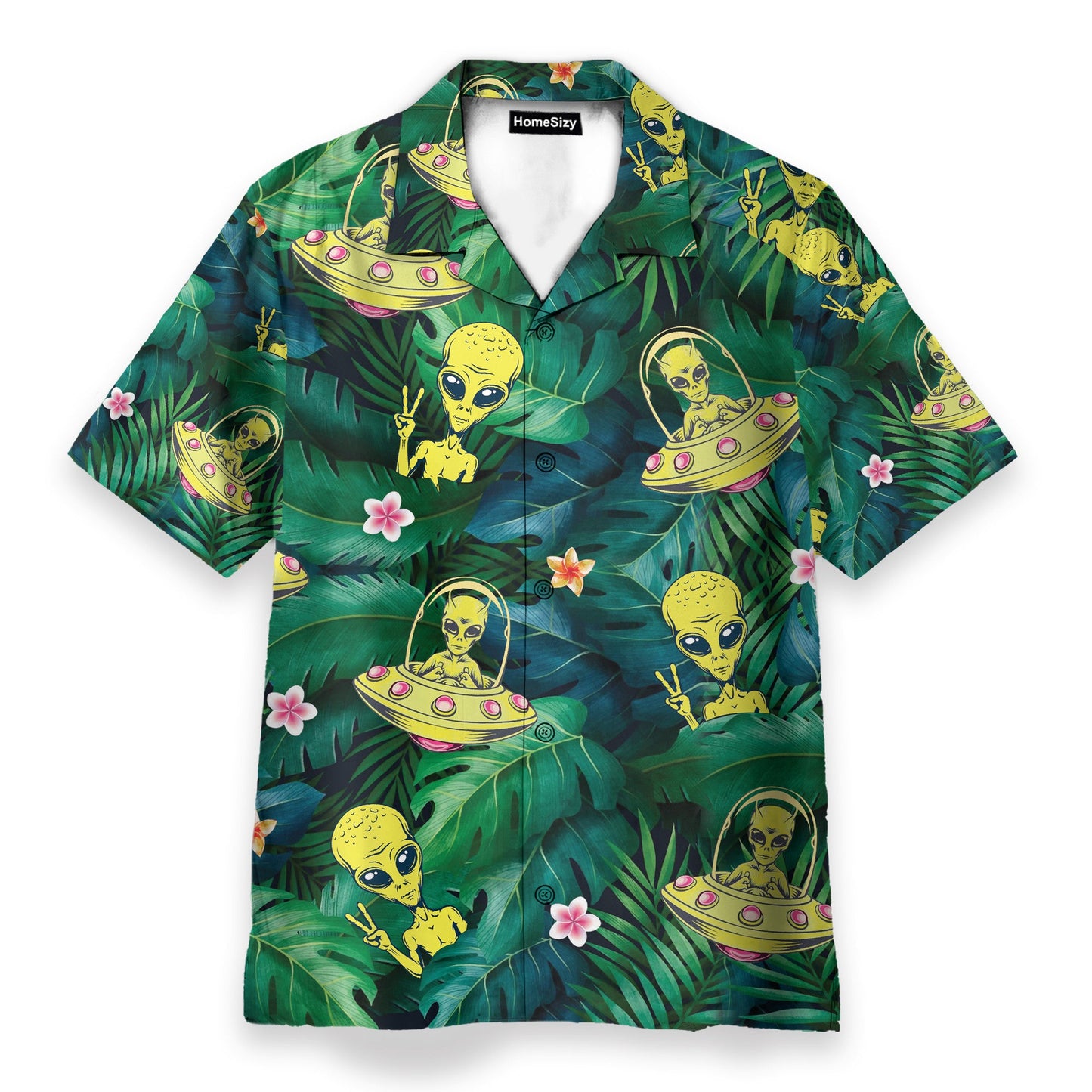 Hippie Alien UFO In Tropical Green Leaves - Hawaiian Shirt