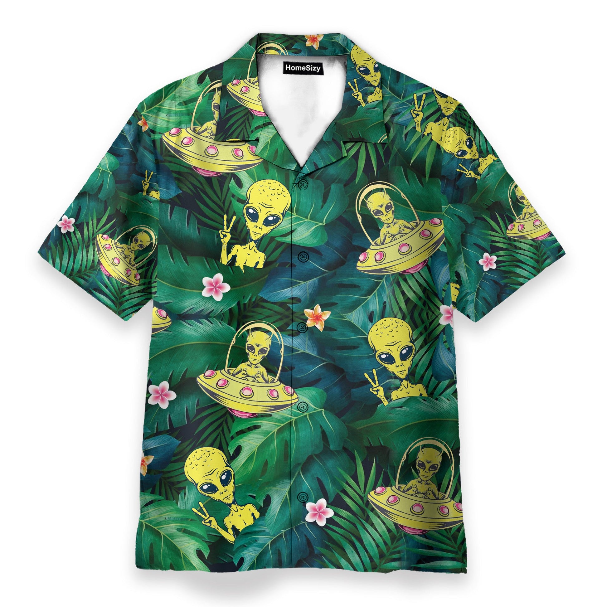 Hippie Alien UFO In Tropical Green Leaves - Hawaiian Shirt