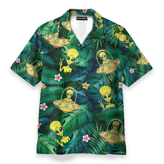 Hippie Alien UFO In Tropical Green Leaves - Hawaiian Shirt