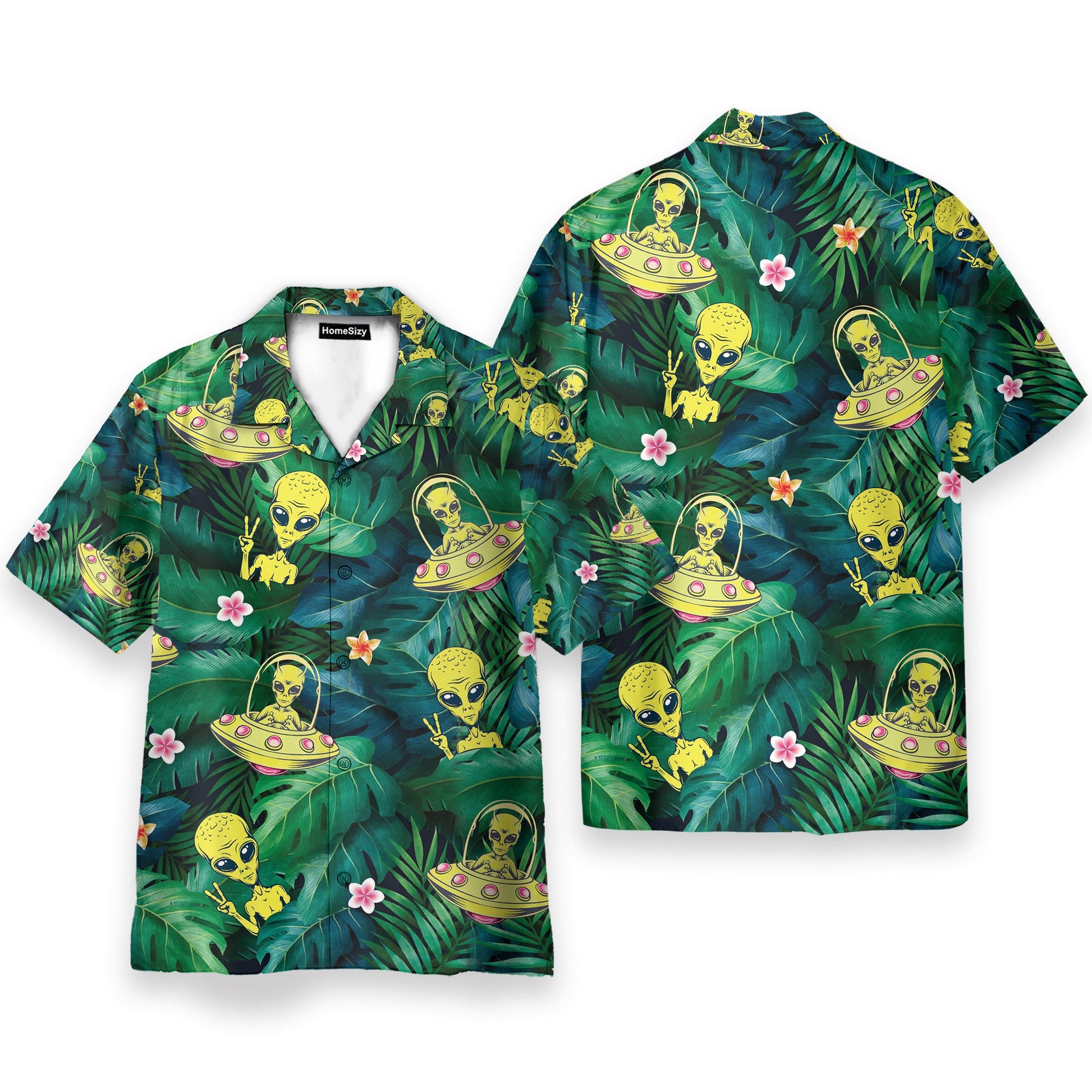 Hippie Alien UFO In Tropical Green Leaves - Hawaiian Shirt