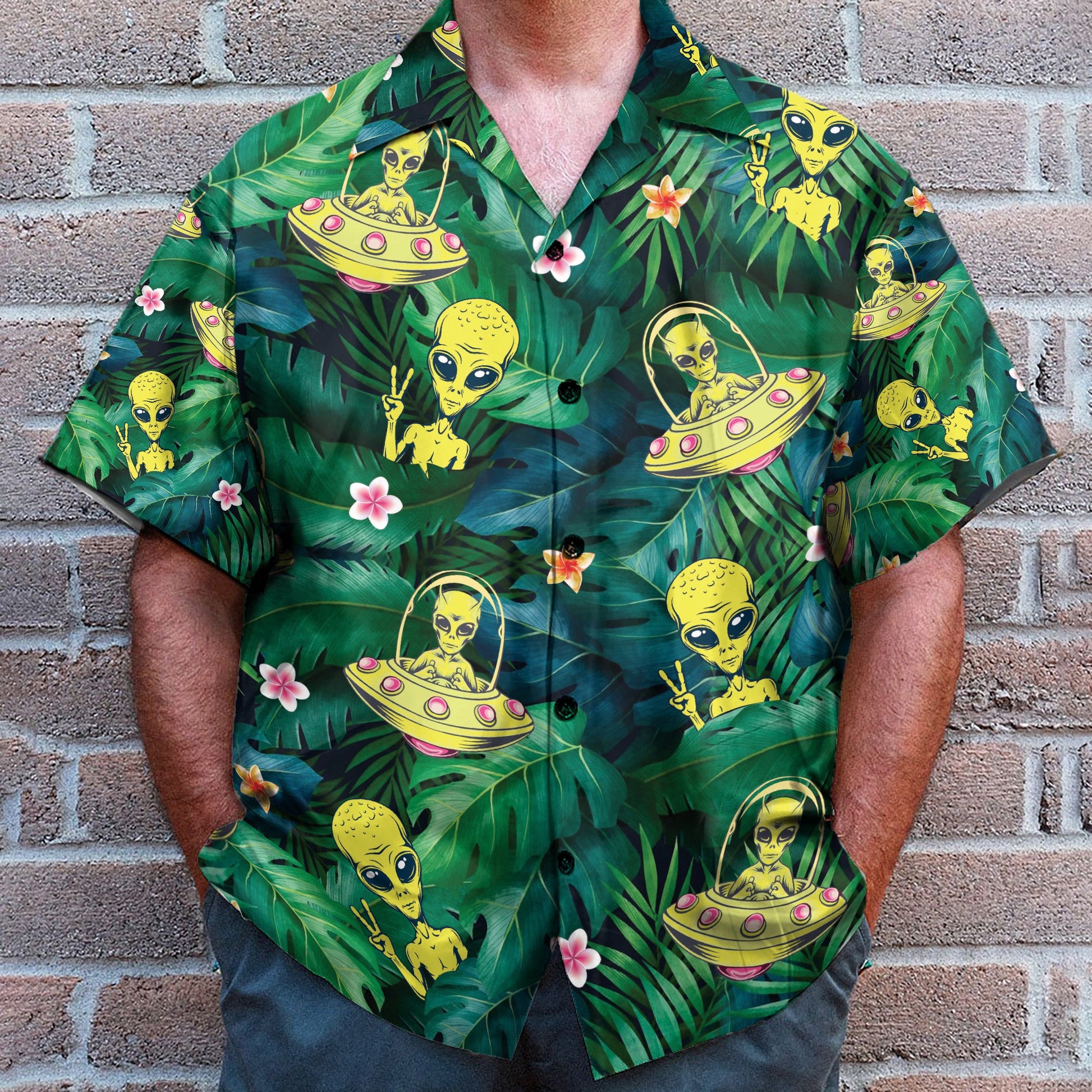 Hippie Alien UFO In Tropical Green Leaves - Hawaiian Shirt