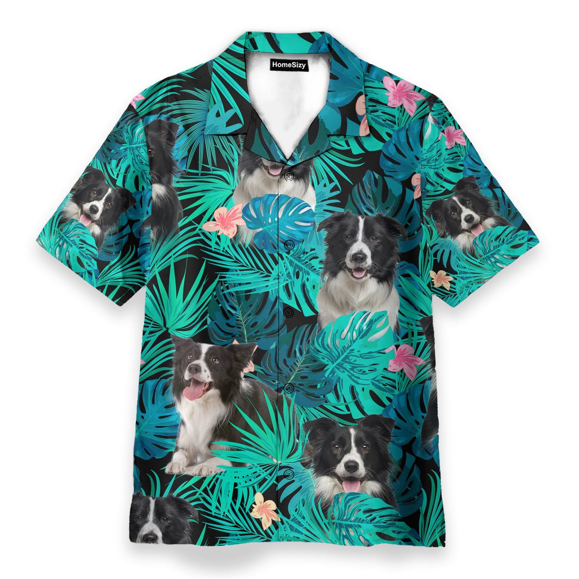 Border Collie In Tropical Green Leaves - Hawaiian Shirt