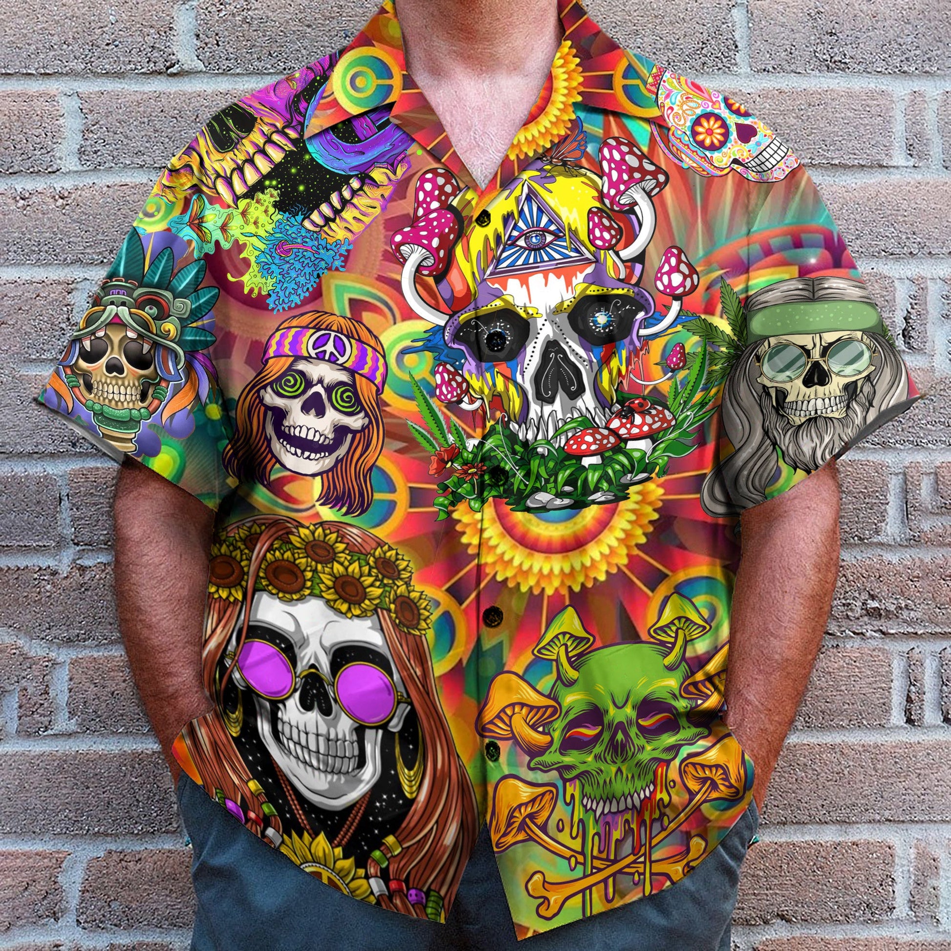 Colorful Skull Mushroom Hippie - Hawaiian Shirt