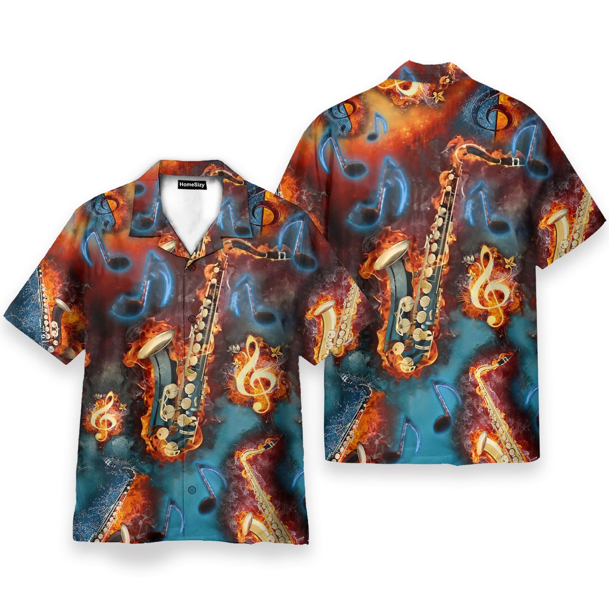 Saxophone Fire Flame Men's Button's Up Shirts - Hawaiian Shirt