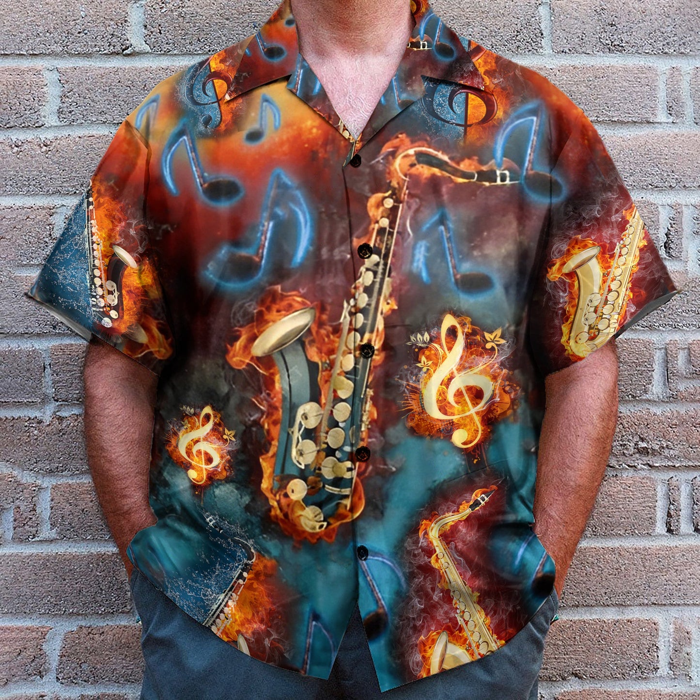 Saxophone Fire Flame Men's Button's Up Shirts - Hawaiian Shirt